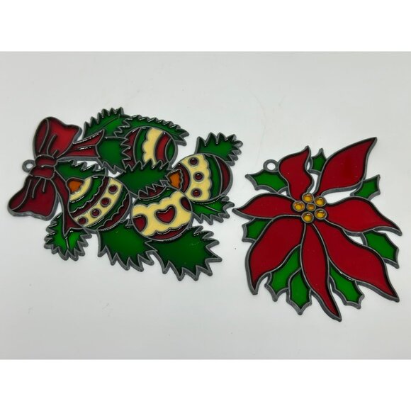 VTG Stained Glass Tiffany Style Sun Catcher Poinsettia Holly & Ornament USA ‘82 - Picture 1 of 6
